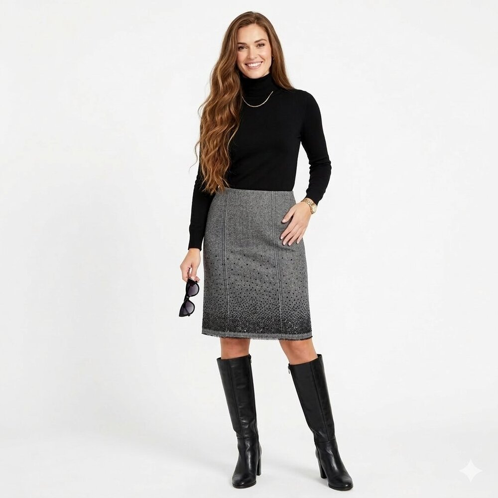 White House Black Market Gray Wool Blend Tweed Skirt Size 8 Sequin Hem detail
